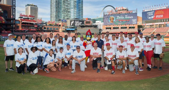 Illinois, Missouri legislatures playing softball game at Busch Stadium